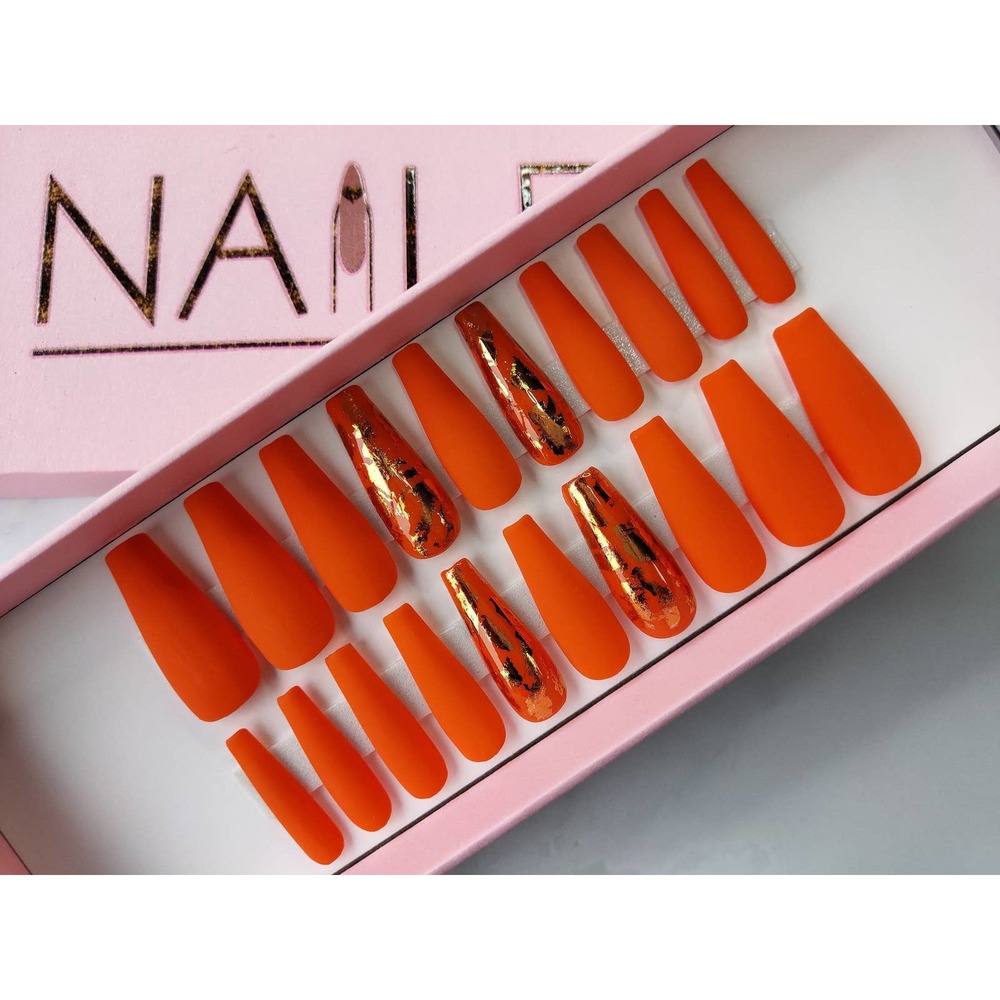 Salmon Gold Matte Long Coffin Orange Press On Nails Long